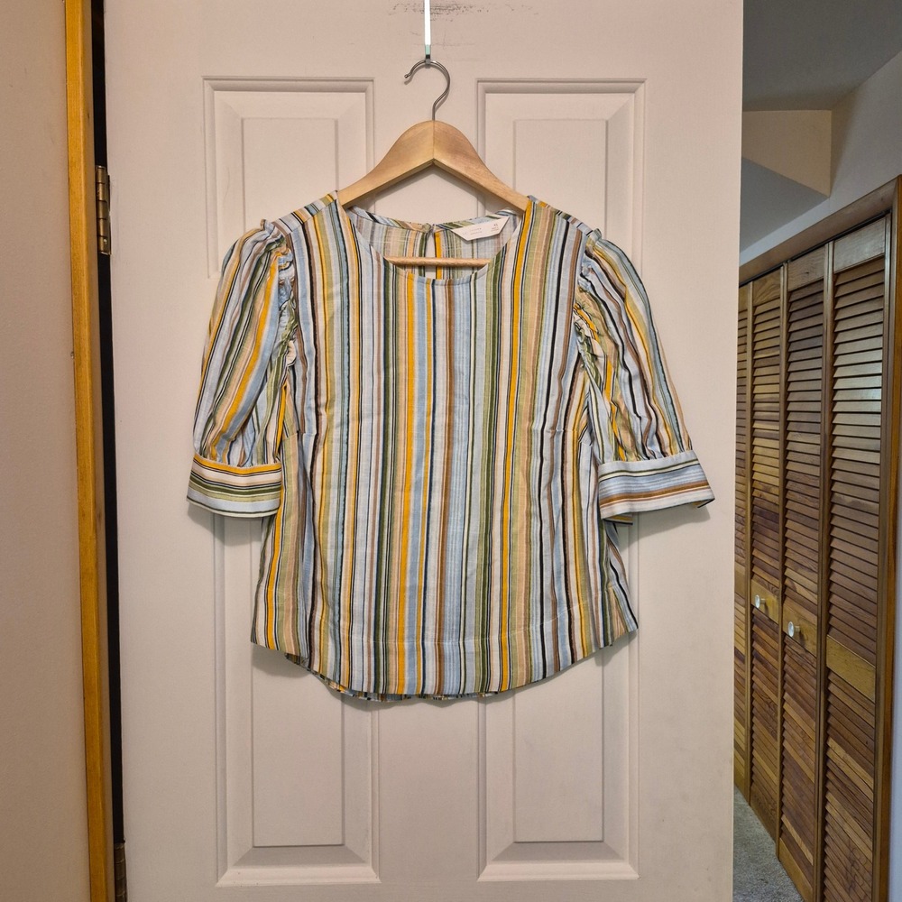 LC‎ Lauren Conrad Womens XS Multi Color Striped Puff Sleeve Linen Blend Blouse